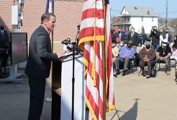 Lt. Governor Jon Husted speaks from a podium outside Mayfair Elementary School in East Cleveland, Ohio, on Wednesday, April 7, 2021.