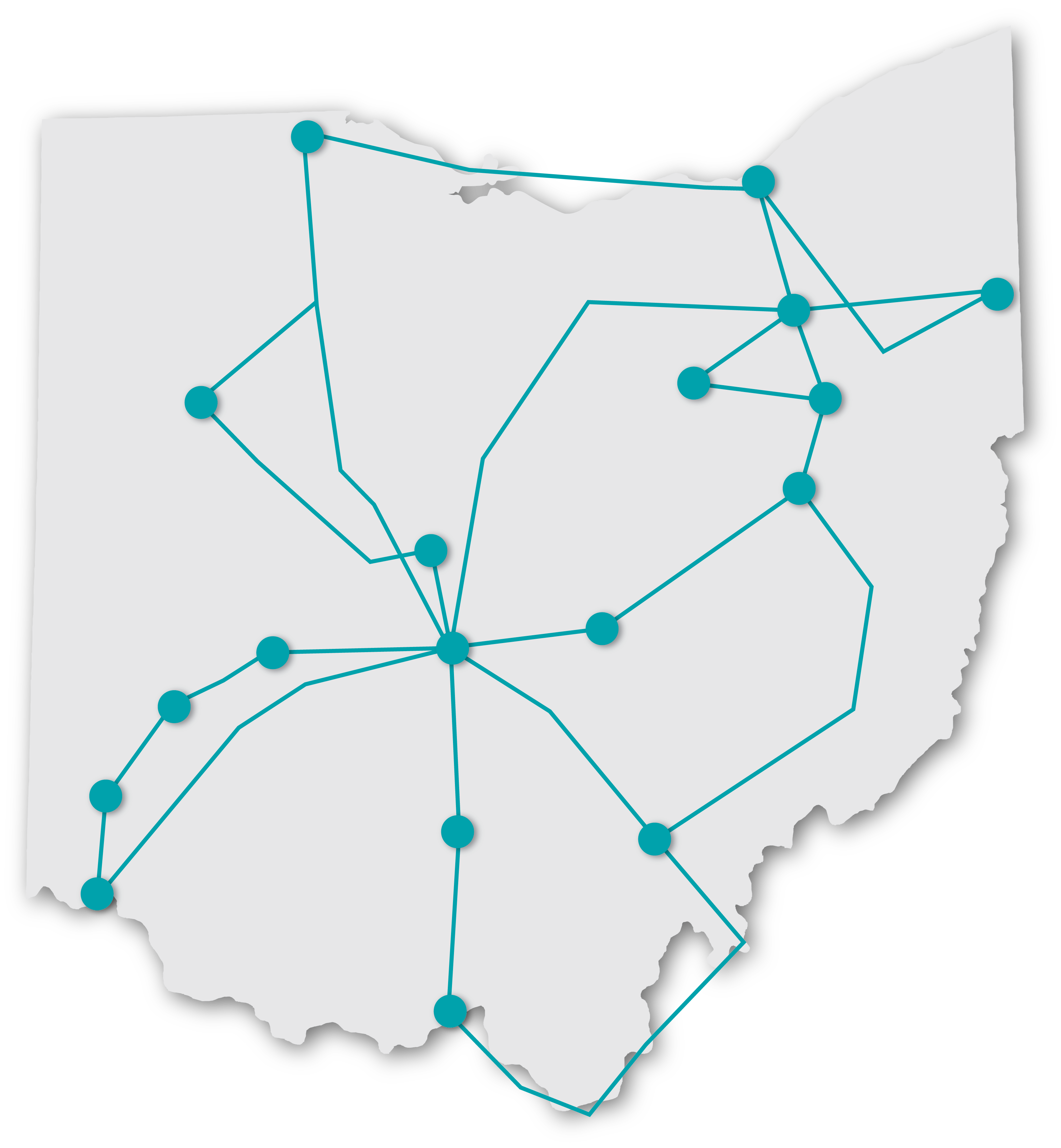 Map: Ohio Outline overlayed with OARnet's current and future backbone. Highlighted in Red is the 100gbps network connecting the Columbus, Cincinnati, Cleveland, Toledo, Athens, Portsmouth, Wooster and Akron.