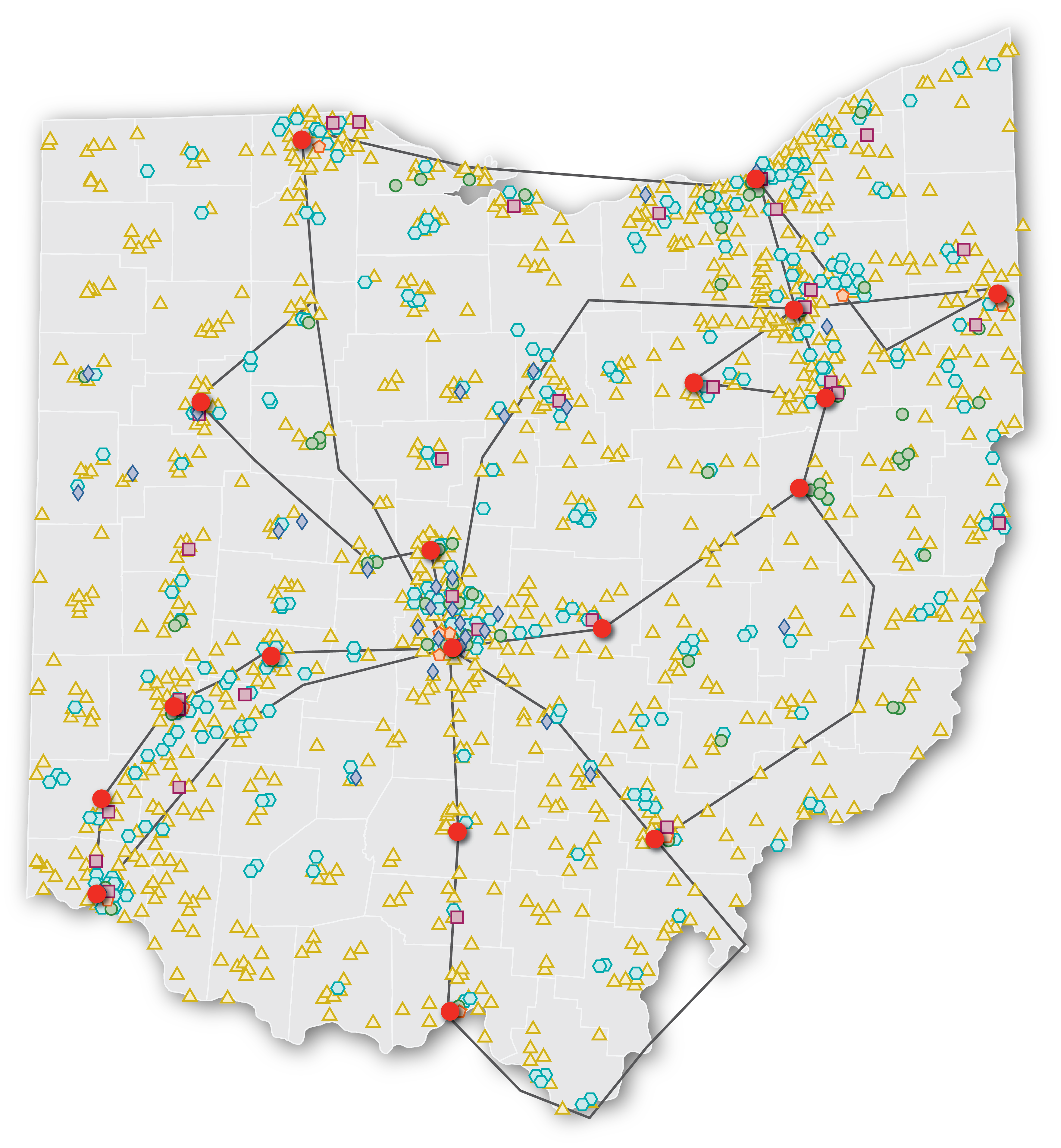 Graphic Map: Ohio outline in gray. OARnet backbone in red lines connecting PoPs in major cities. Community partners identified by colored circles throughout state.