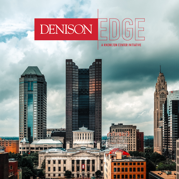 downtown Columbus skyline with Denison Edge logo