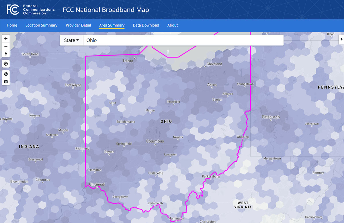 A capture of the FCC's broadband mapping of Ohio