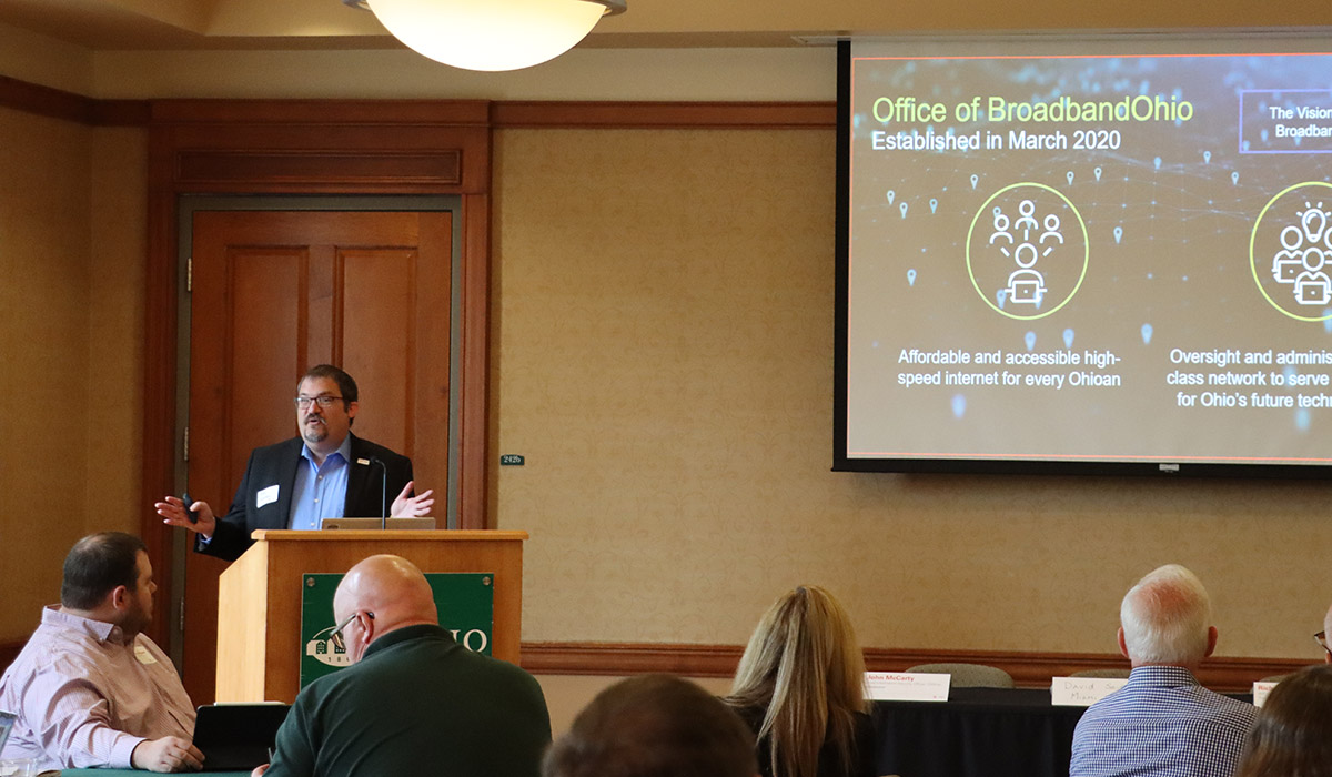 BroadbandOhio Chief Peter Voderberg addresses the OARnet Member Meeting on May 18, 2022, at Ohio University in Athens, Ohio.