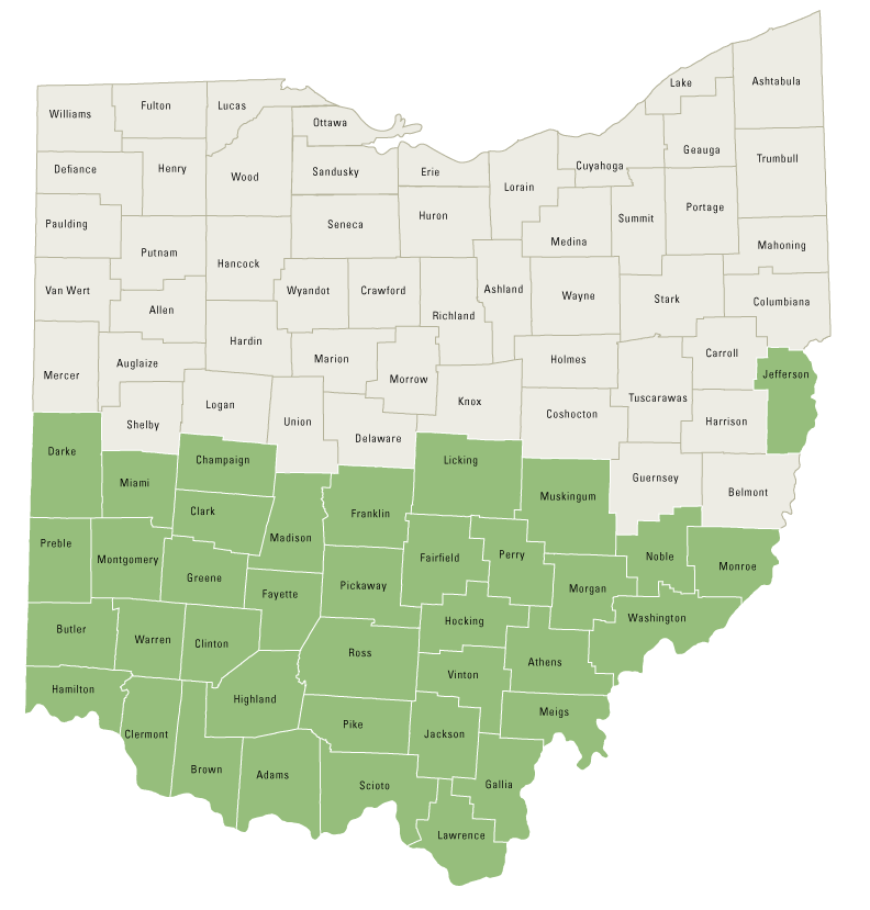 Graphic: Ohio map with the Southern Counties highlighted